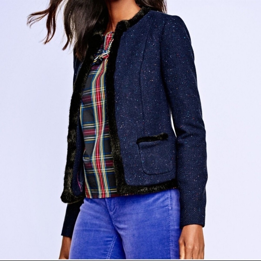 Talbots Speckled wool faux fur trim Navy blazer size 12p